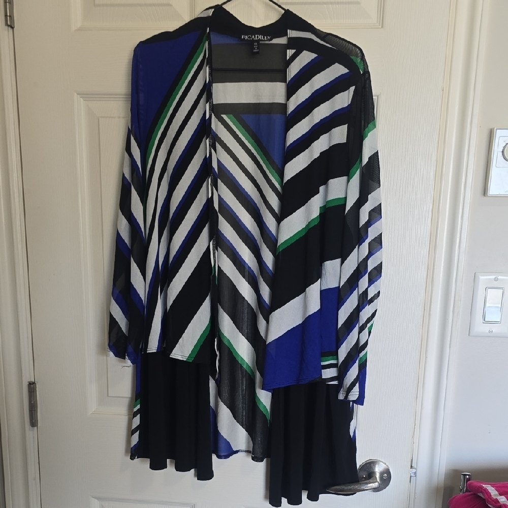 Women's Striped Open Front Sweater - Blue, Black, Green